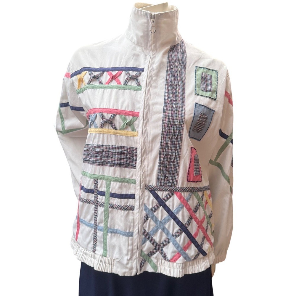 Koret Francisca Vintage 80s Patchwork Zip Jacket White Cotton Colored Details M